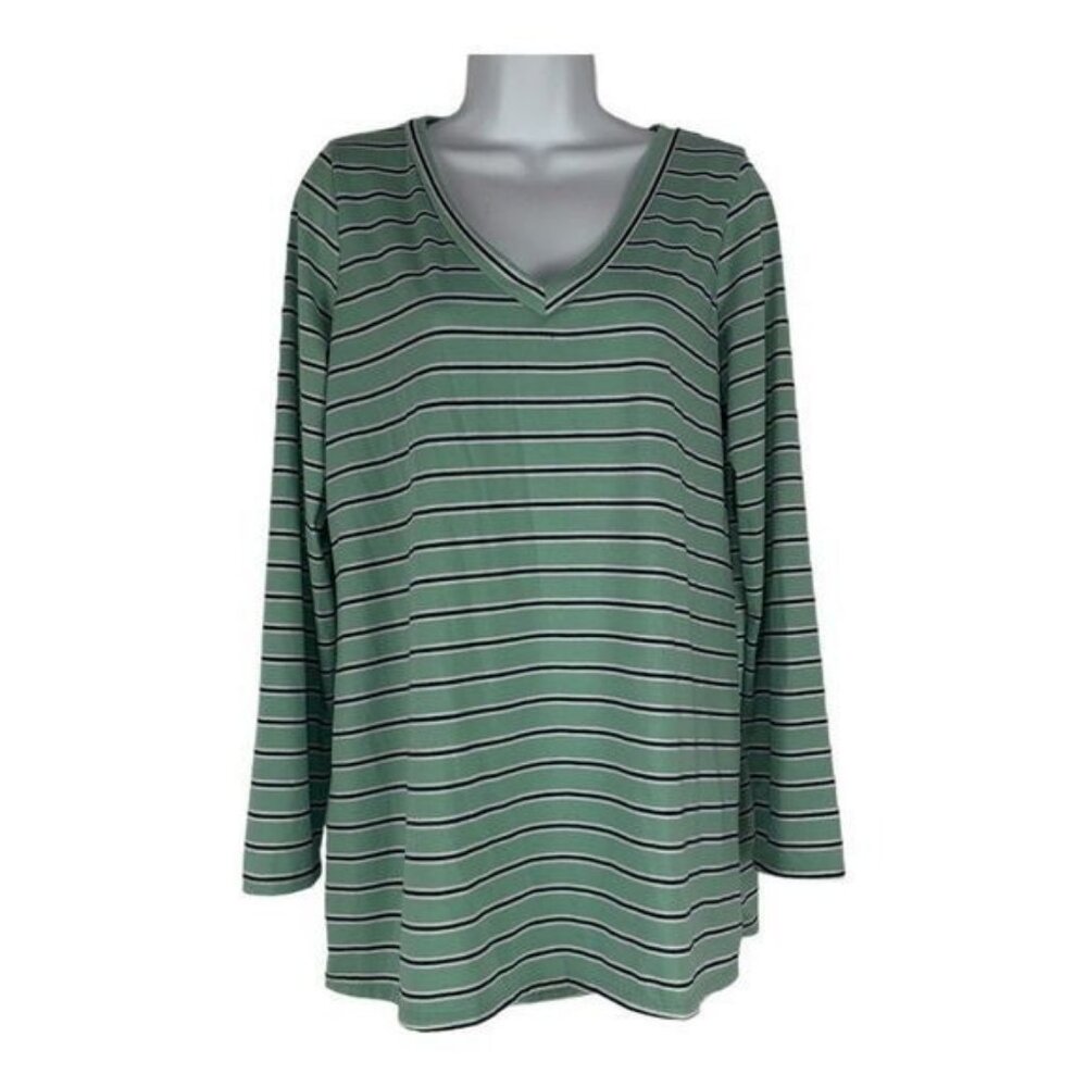 Green & White Striped Long Sleeve V-Neck Top By 143 Story Size L